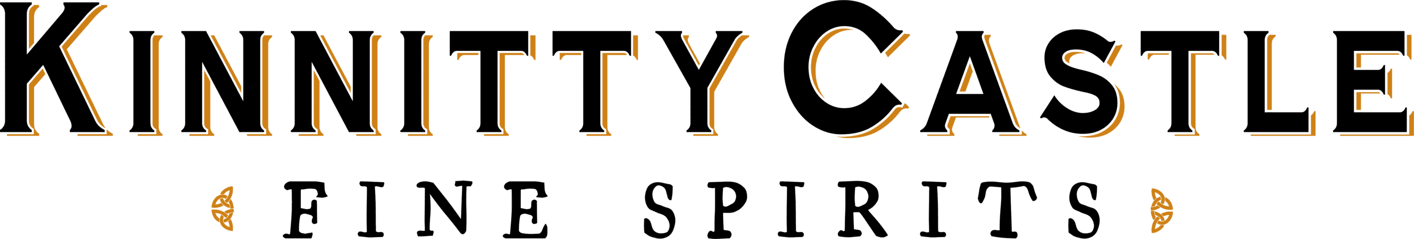 kinnitty castle spirits logo type with black and orange text that reads kinnitty castle fine spirits