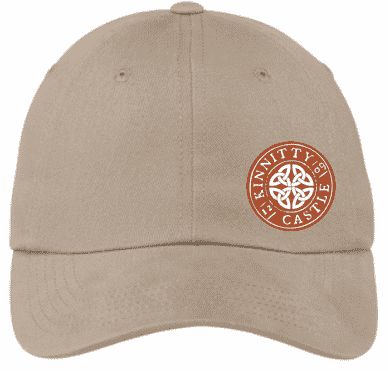 canvas hat in tan with kinnitty castle spirits stamp logo in rust