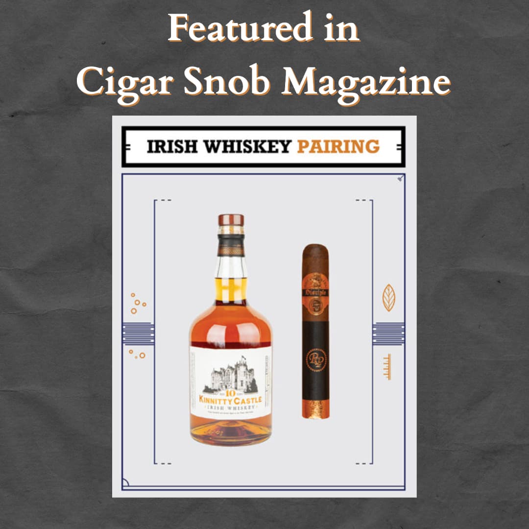 kinnitty castle irish whiskey aged 10 years bottle and rocky patel disciple cigar pairing review featured in cigar snob magazine