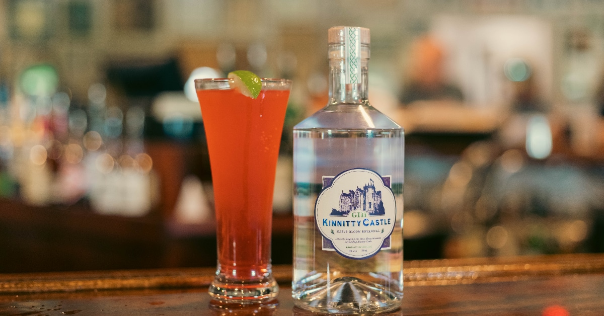 cranberry gin fizz cocktail next to kinnitty castle spirits slieve bloom botanical irish gin bottle on bar top