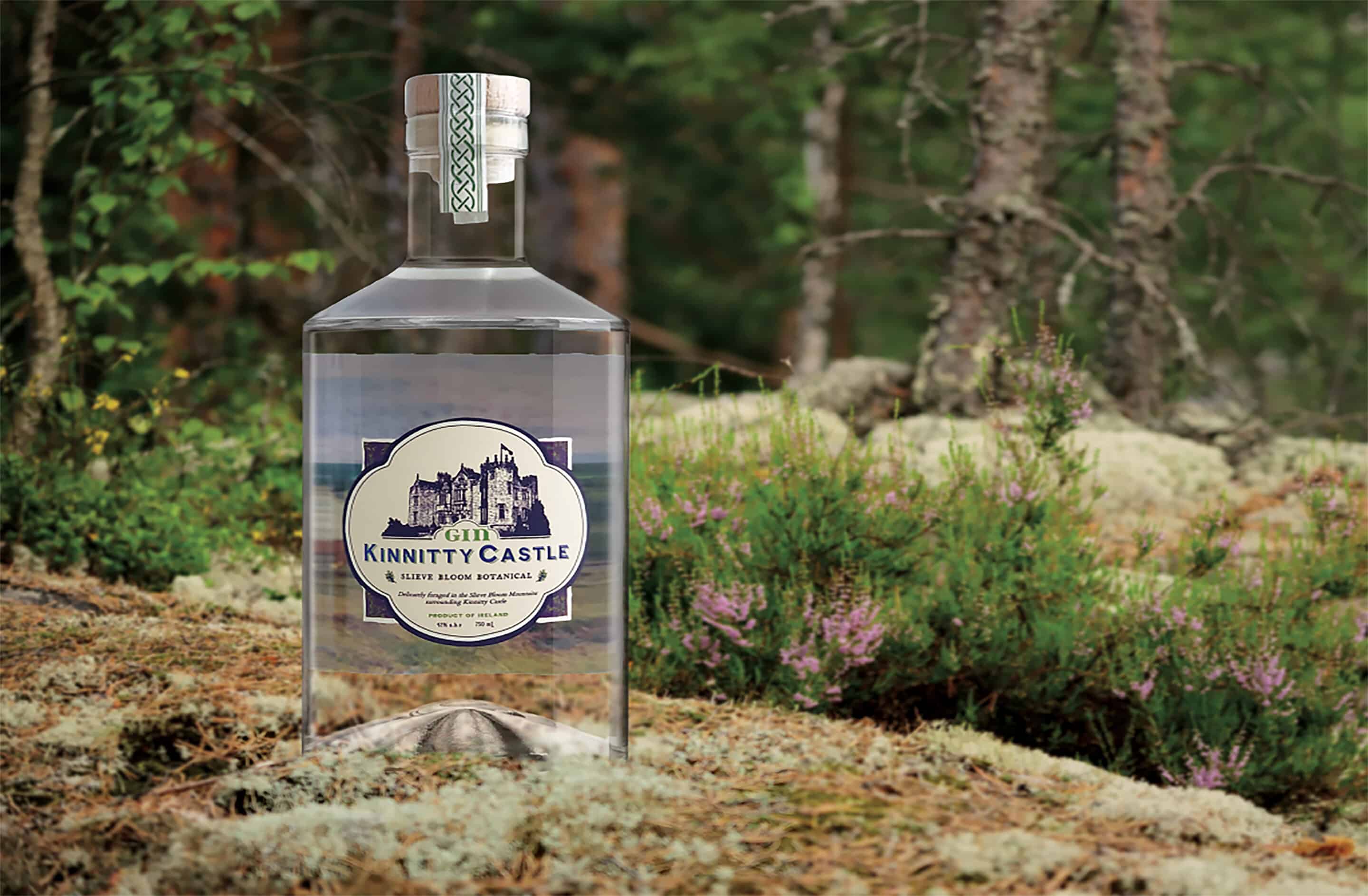 kinnitty castle irish gin slieve bloom botanical bottle placed on a mossy rock in a lush irish forest in the slieve bloom mountains