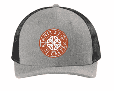 new era trucker hat in gray with kinnitty castle spirits stamp logo in rust front view