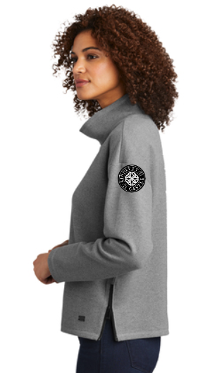 ogio pullover sweater with kinnitty castle spirits stamp worn by a female model side view